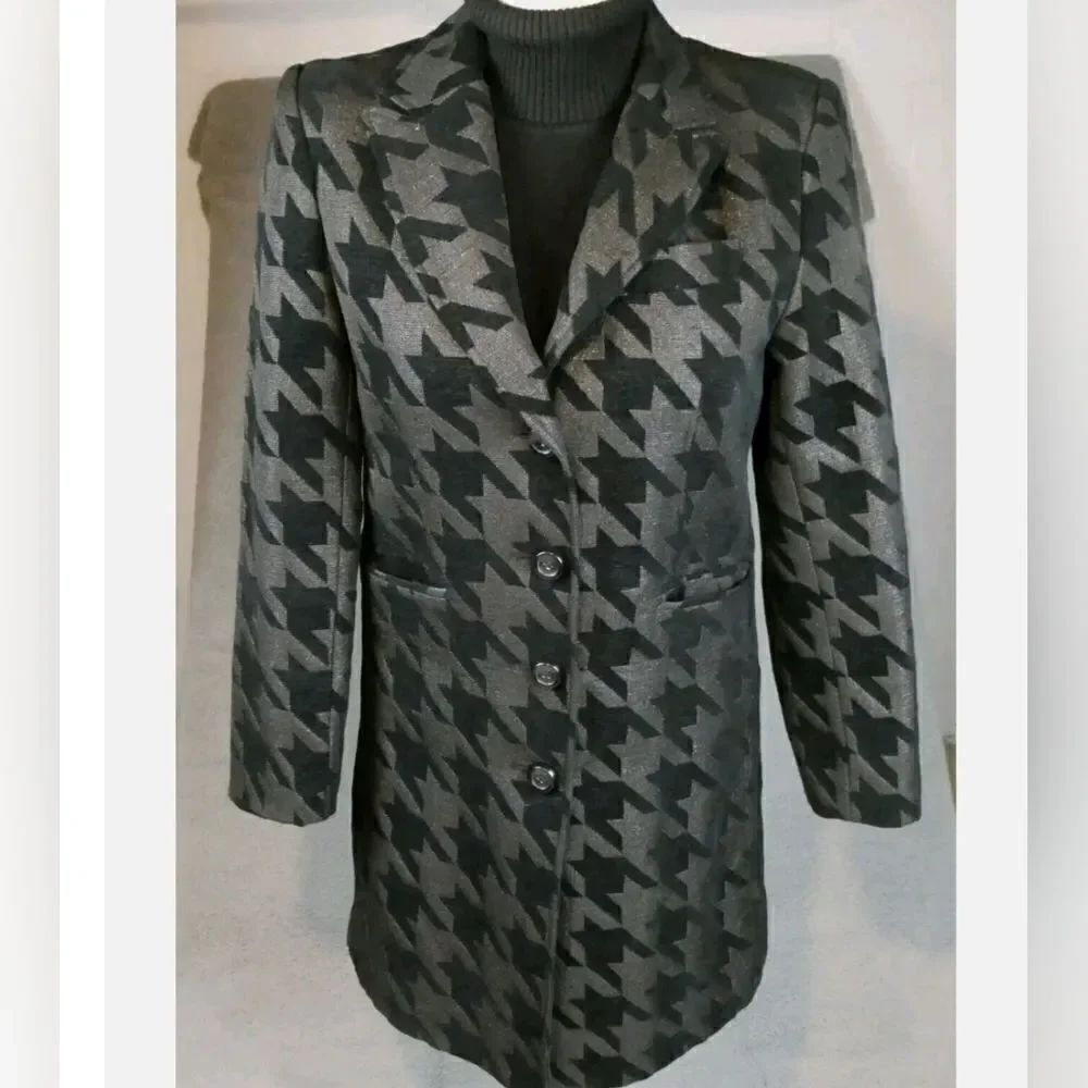 Giacca Coat Large Long Peacoat Black Houndstooth Soft Button Front Classy Womens